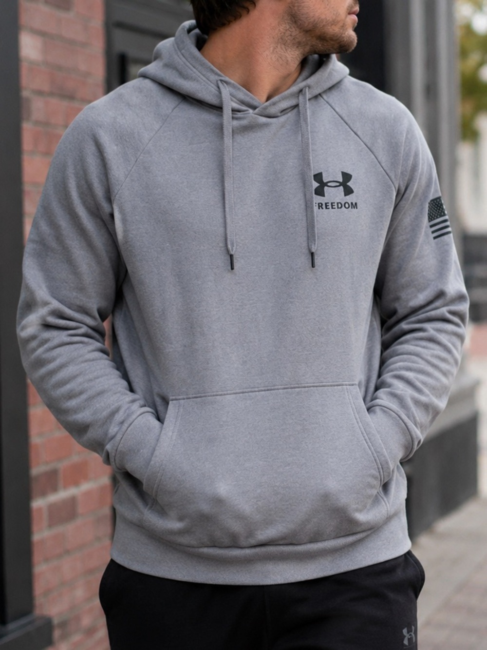 UNDER ARMOUR Freedom American Flag Gray Hoodie Pullover Sweatshirt Mens L